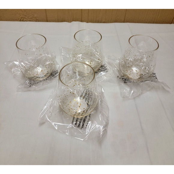 Set of 4 Stemless Wine Glass Tumbler Clear Plastic Gold Speckle - Picture 1 of 6